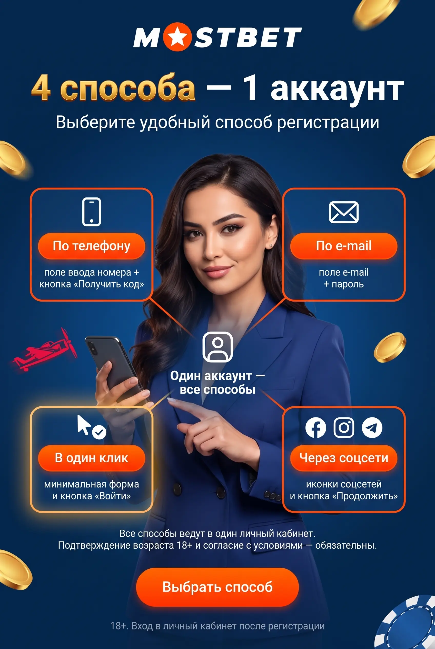 Способы регистрации: телефон, email, один клик и соцсети