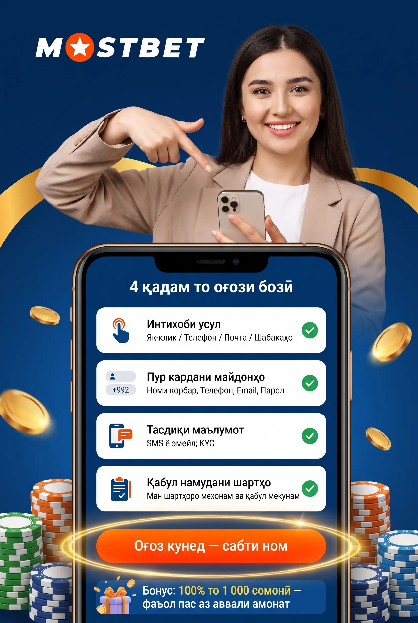 Қадамҳои сабти номи Mostbet